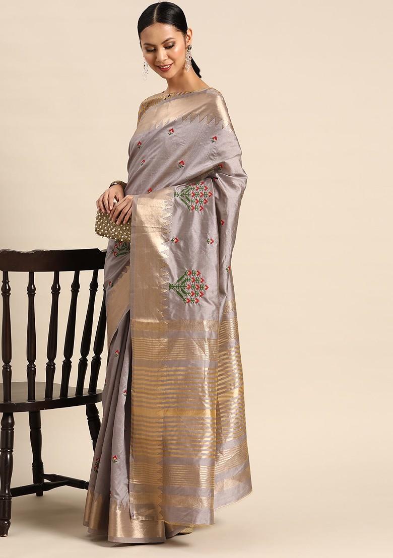 Grey Embroidered Silk Saree Set