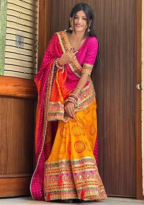 Orange Embroidered Poly Blend Saree Set