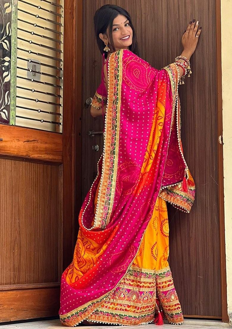 Orange Embroidered Poly Blend Saree Set