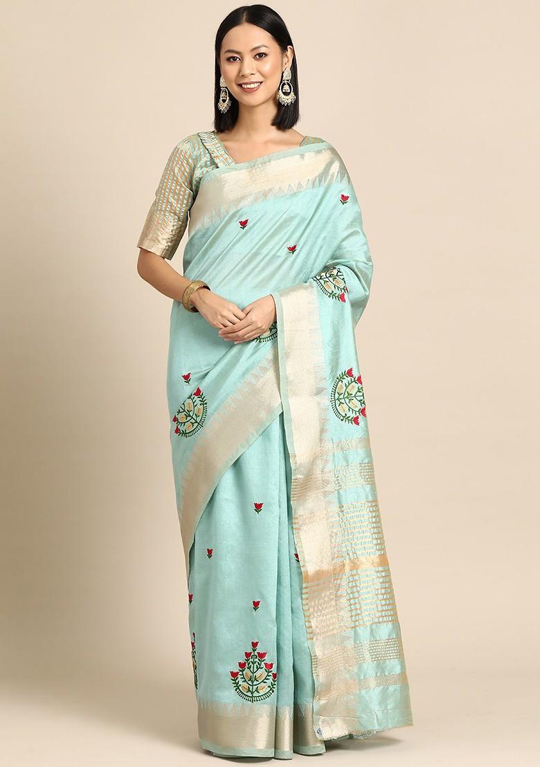 Turquoise Blue Floral Print Poly Blend Saree Set