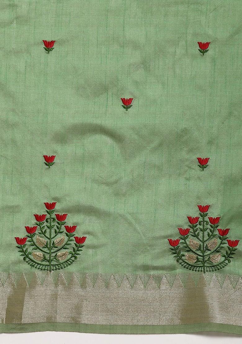 Green Embroidered Poly Blend Saree Set