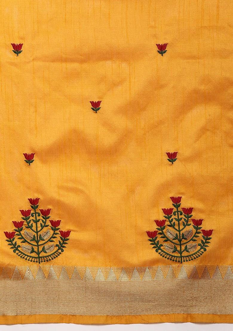 Yellow Embroidered Poly Blend Saree Set