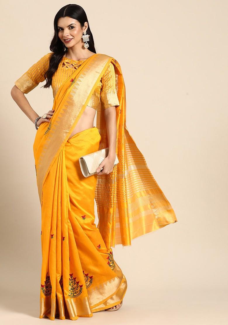 Yellow Embroidered Poly Blend Saree Set