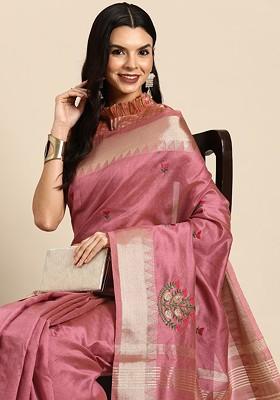 Pink Embroidered Poly Blend Saree Set