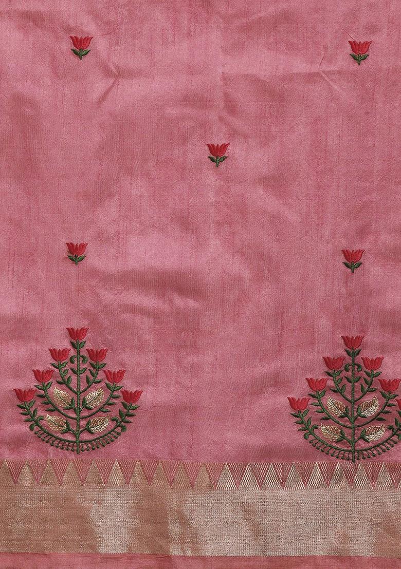 Pink Embroidered Poly Blend Saree Set