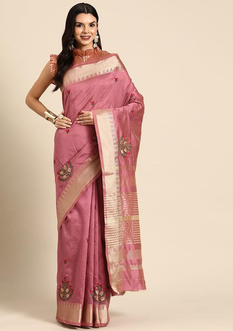 Pink Embroidered Poly Blend Saree Set