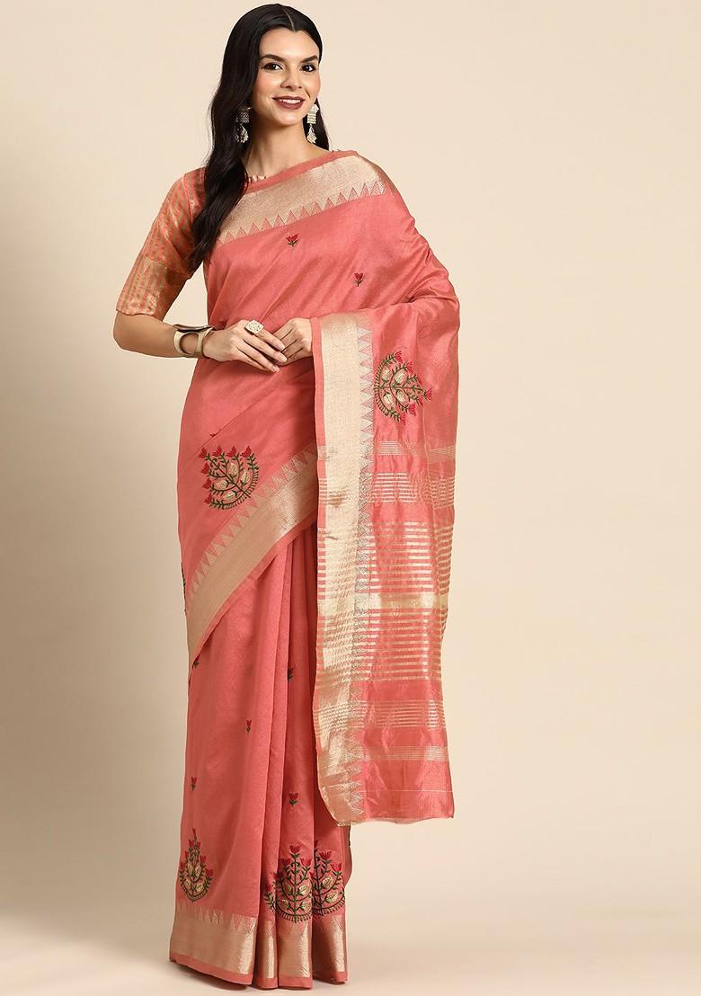 Peach Embroidered Poly Blend Saree Set