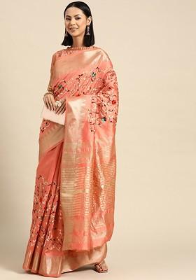 Peach Embroidered Silk Saree Set