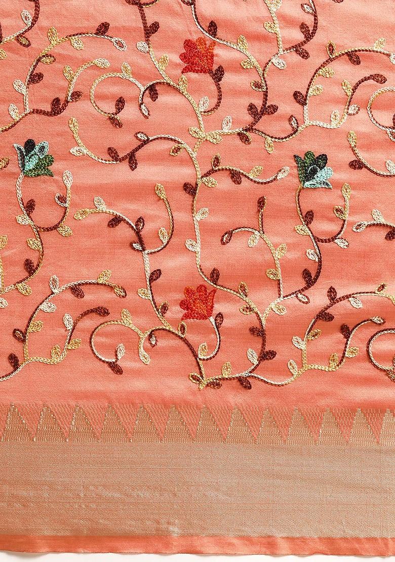 Peach Embroidered Silk Saree Set