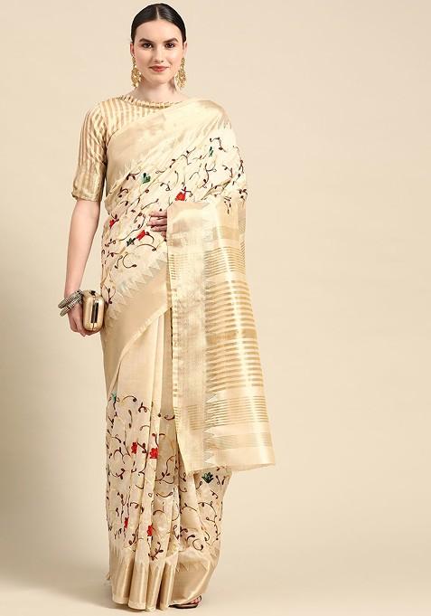 Off White Embroidered Silk Saree Set