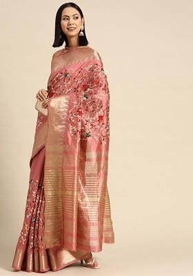Pink Embroidered Silk Saree Set