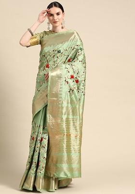 Green Embroidered Silk Saree Set