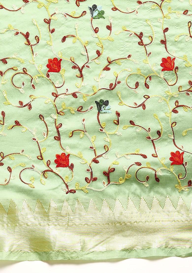 Green Embroidered Silk Saree Set