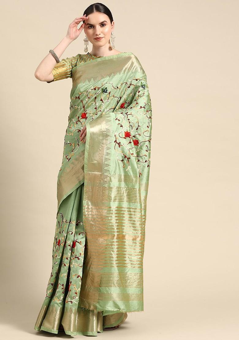 Green Embroidered Silk Saree Set