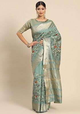 Teal Embroidered Silk Saree Set