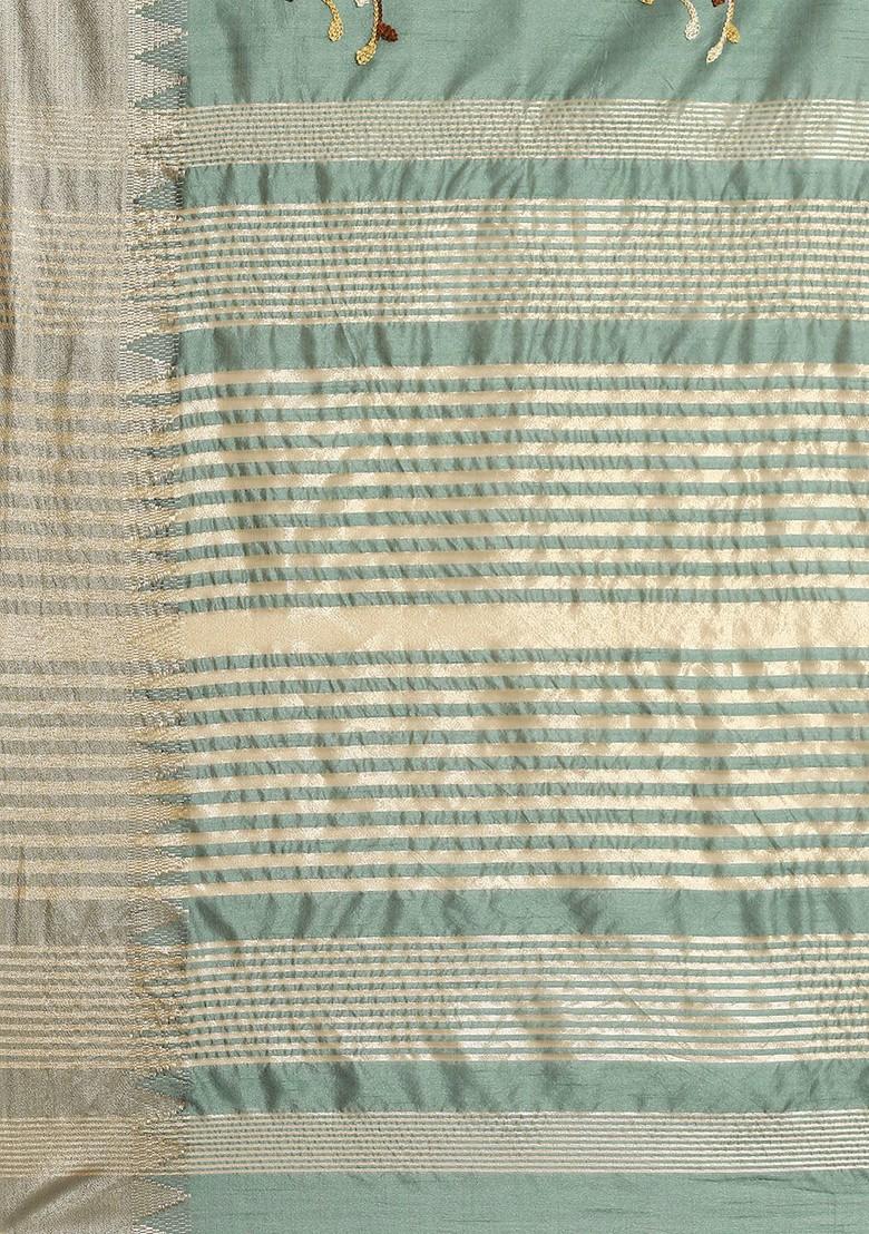 Teal Embroidered Silk Saree Set