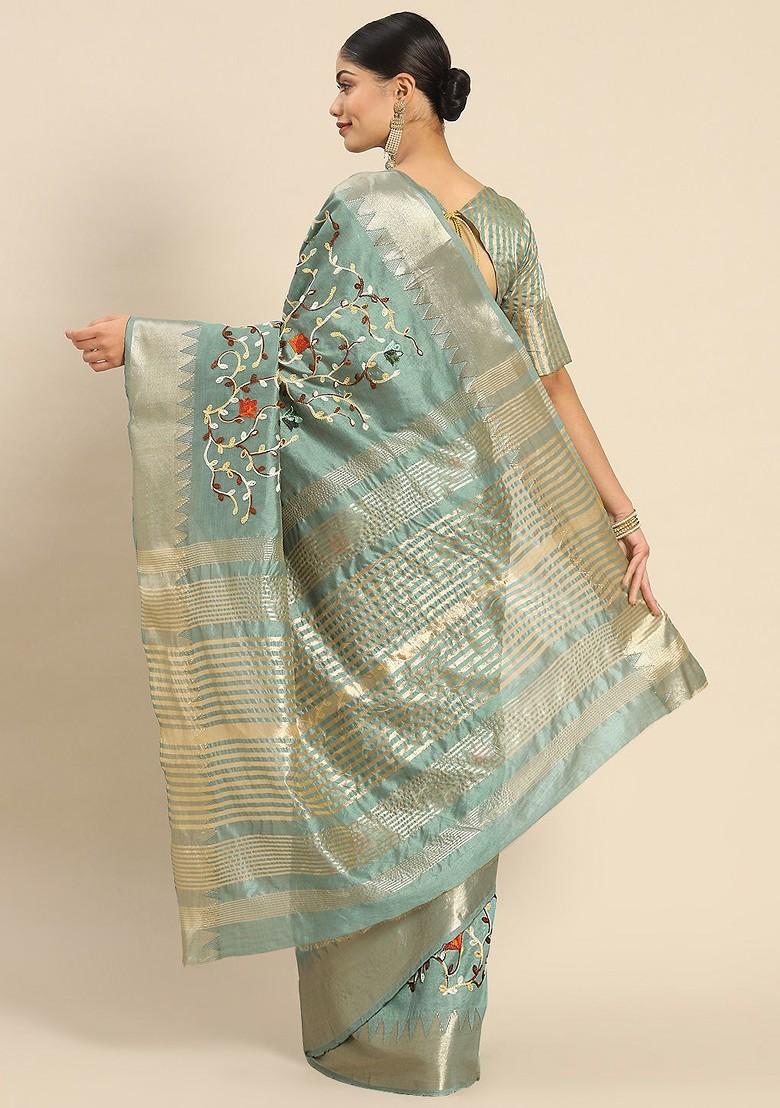 Teal Embroidered Silk Saree Set