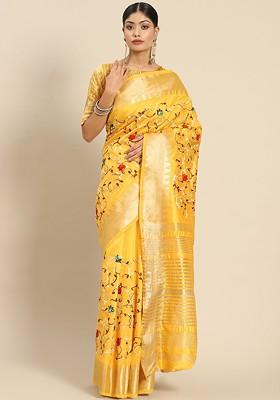 Yellow Embroidered Silk Saree Set