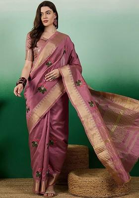 Pink Embroidered Poly Blend Saree Set