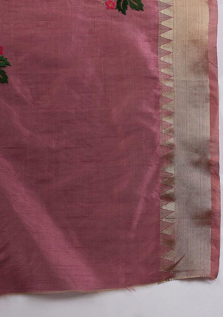 Pink Embroidered Poly Blend Saree Set