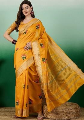 Yellow Embroidered Poly Blend Saree Set