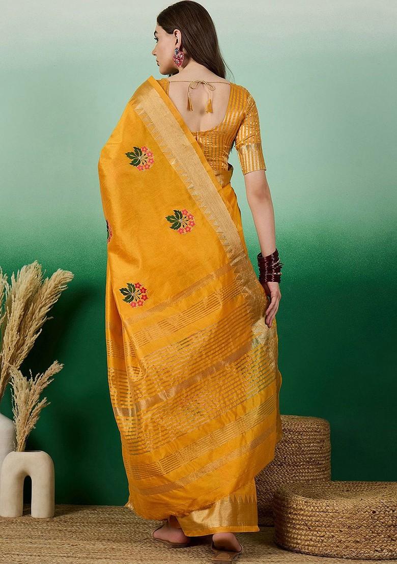 Yellow Embroidered Poly Blend Saree Set
