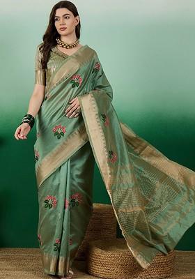 Green Embroidered Poly Blend Saree Set