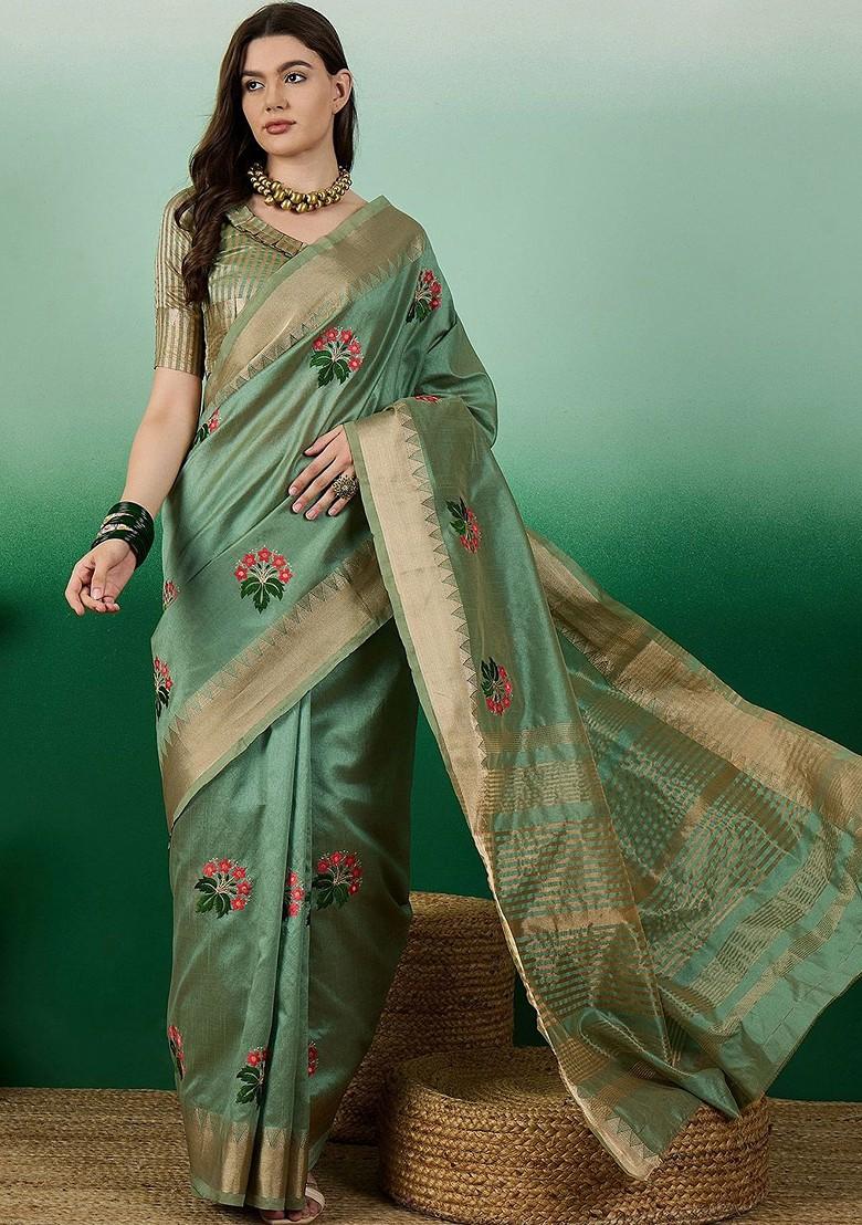Green Embroidered Poly Blend Saree Set
