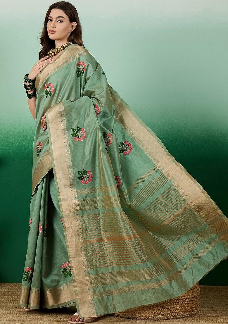 Green Embroidered Poly Blend Saree Set