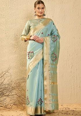 Turquoise Blue Woven Poly Blend Saree Set