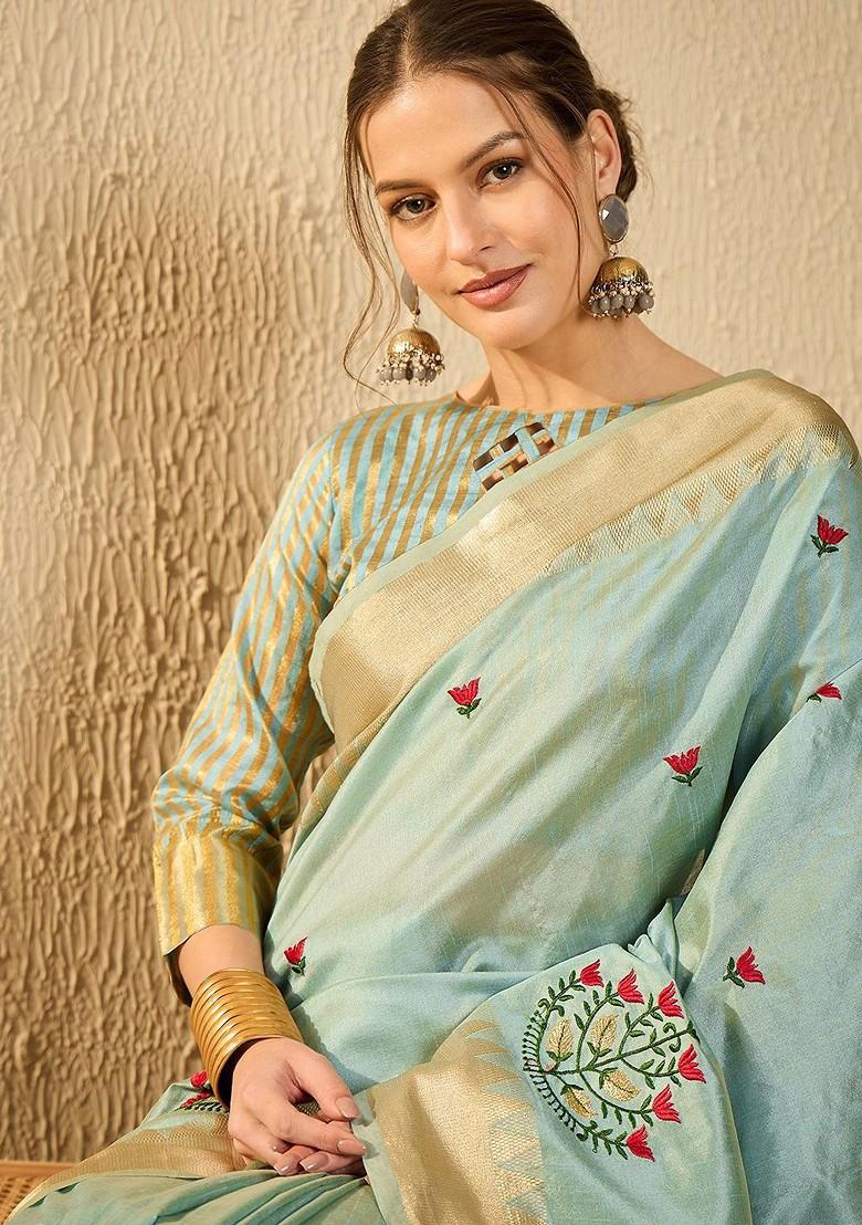 Turquoise Blue Woven Poly Blend Saree Set