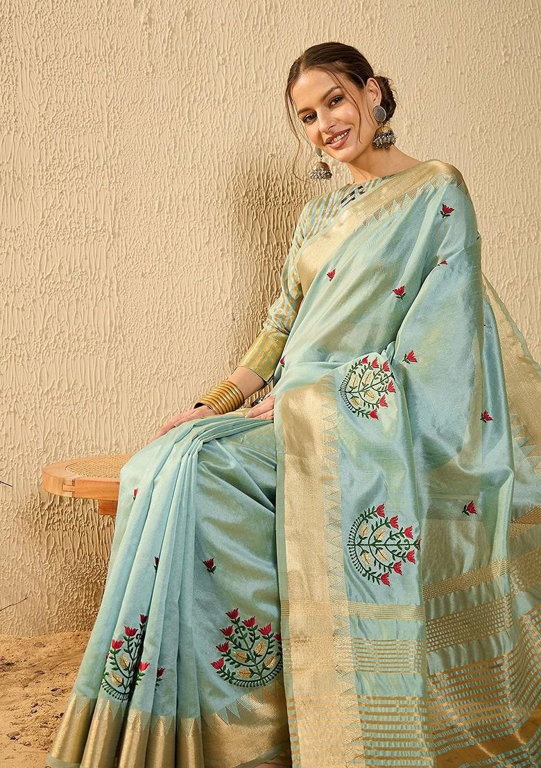 Turquoise Blue Woven Poly Blend Saree Set