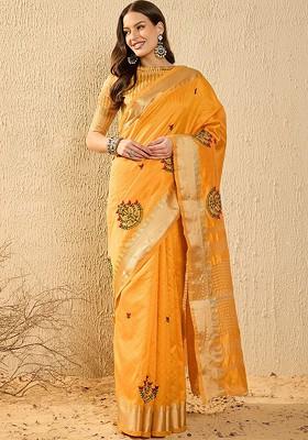 Yellow Embroidered Poly Blend Saree Set