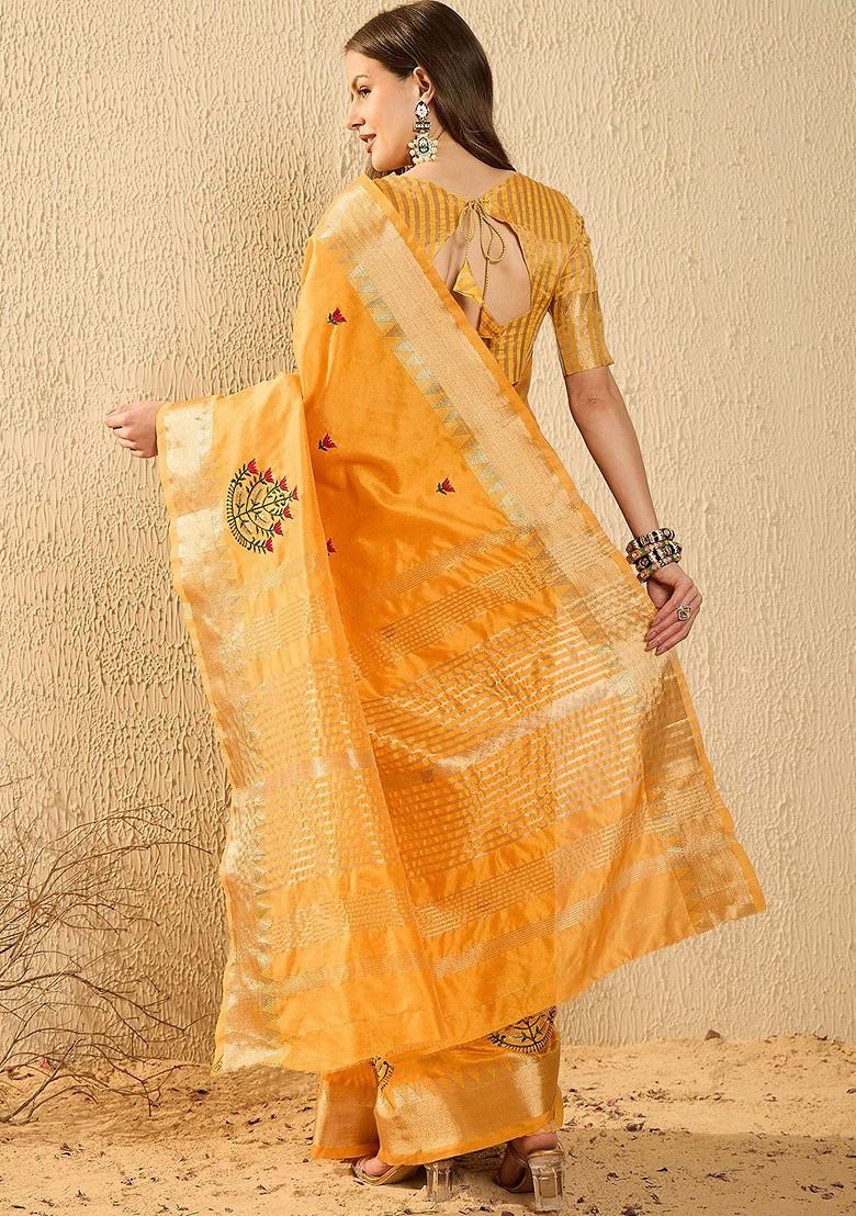 Yellow Embroidered Poly Blend Saree Set