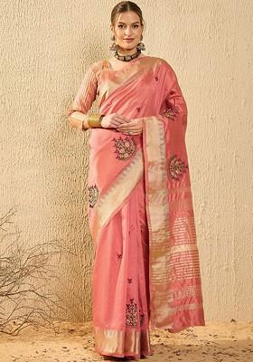 Peach Embroidered Poly Blend Saree Set