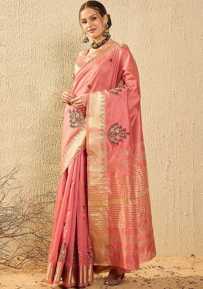 Peach Embroidered Poly Blend Saree Set