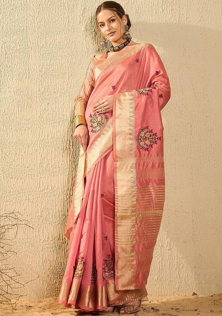 Peach Embroidered Poly Blend Saree Set