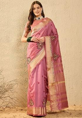 Pink Embroidered Poly Blend Saree Set