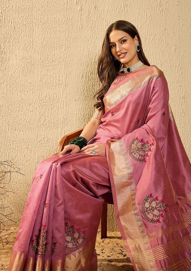 Pink Embroidered Poly Blend Saree Set
