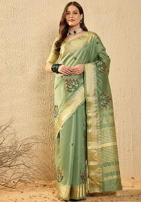 Green Embroidered Poly Blend Saree Set