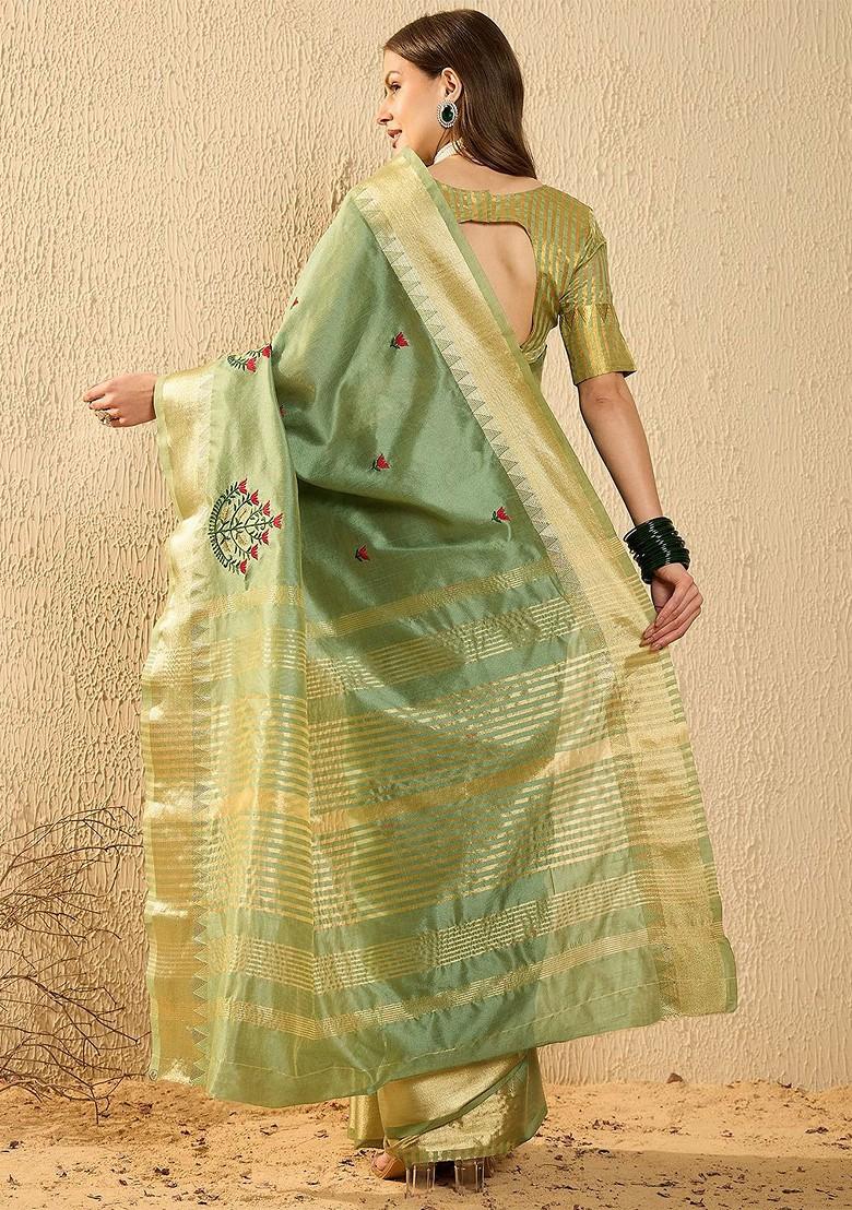 Green Embroidered Poly Blend Saree Set