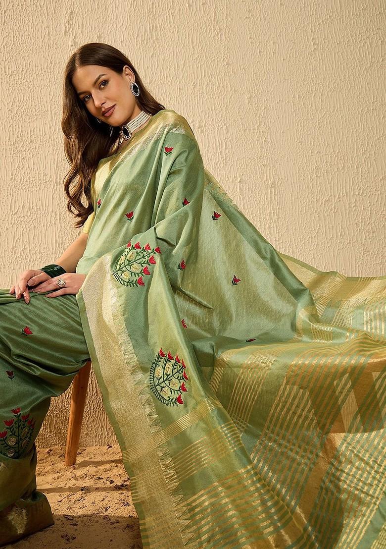 Green Embroidered Poly Blend Saree Set