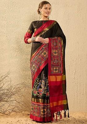 Black Embroidered Silk Saree Set