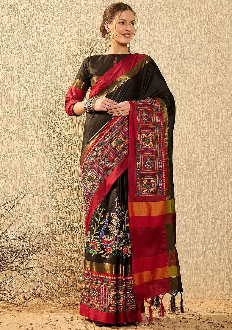 Black Embroidered Silk Saree Set - Indya