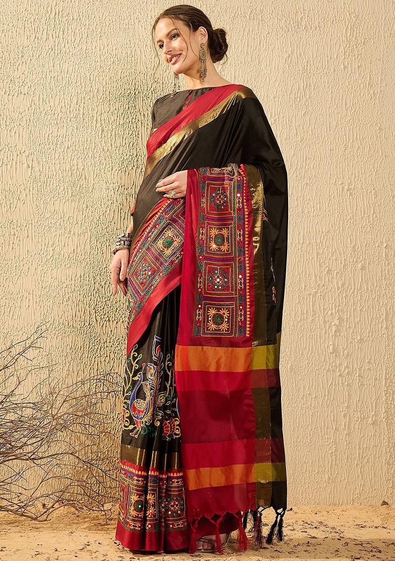 Black Embroidered Silk Saree Set