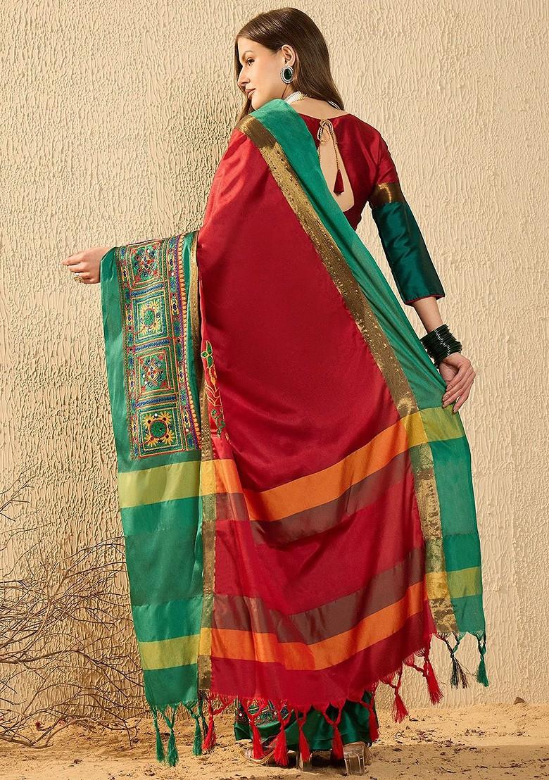 Red Embroidered Poly Blend Saree Set