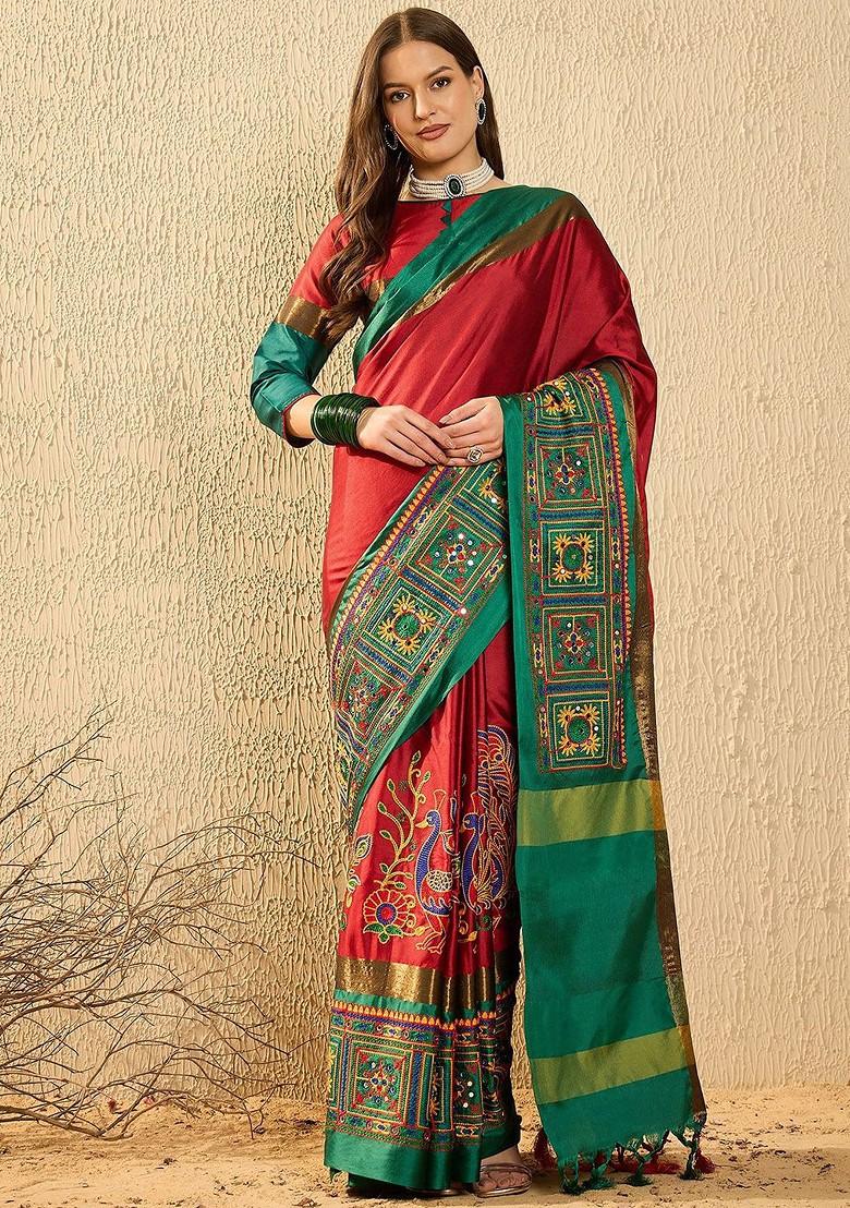 Red Embroidered Poly Blend Saree Set