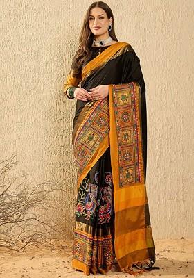 Black Embroidered Poly Blend Saree Set
