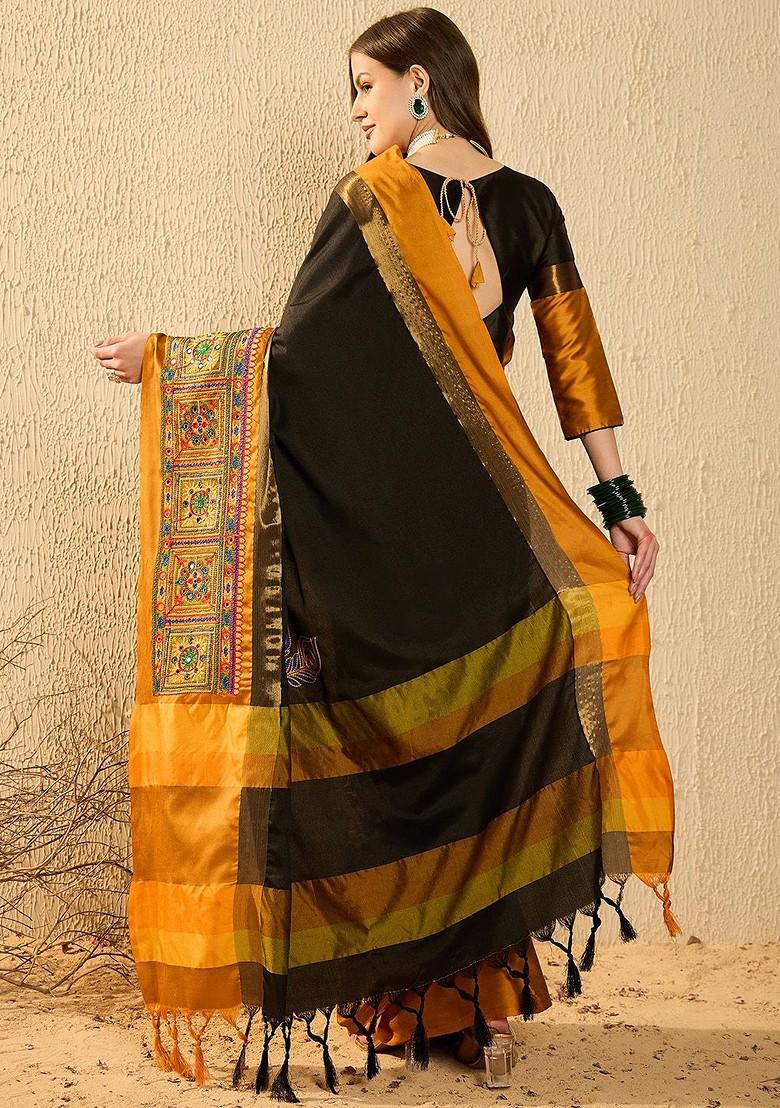 Black Embroidered Poly Blend Saree Set