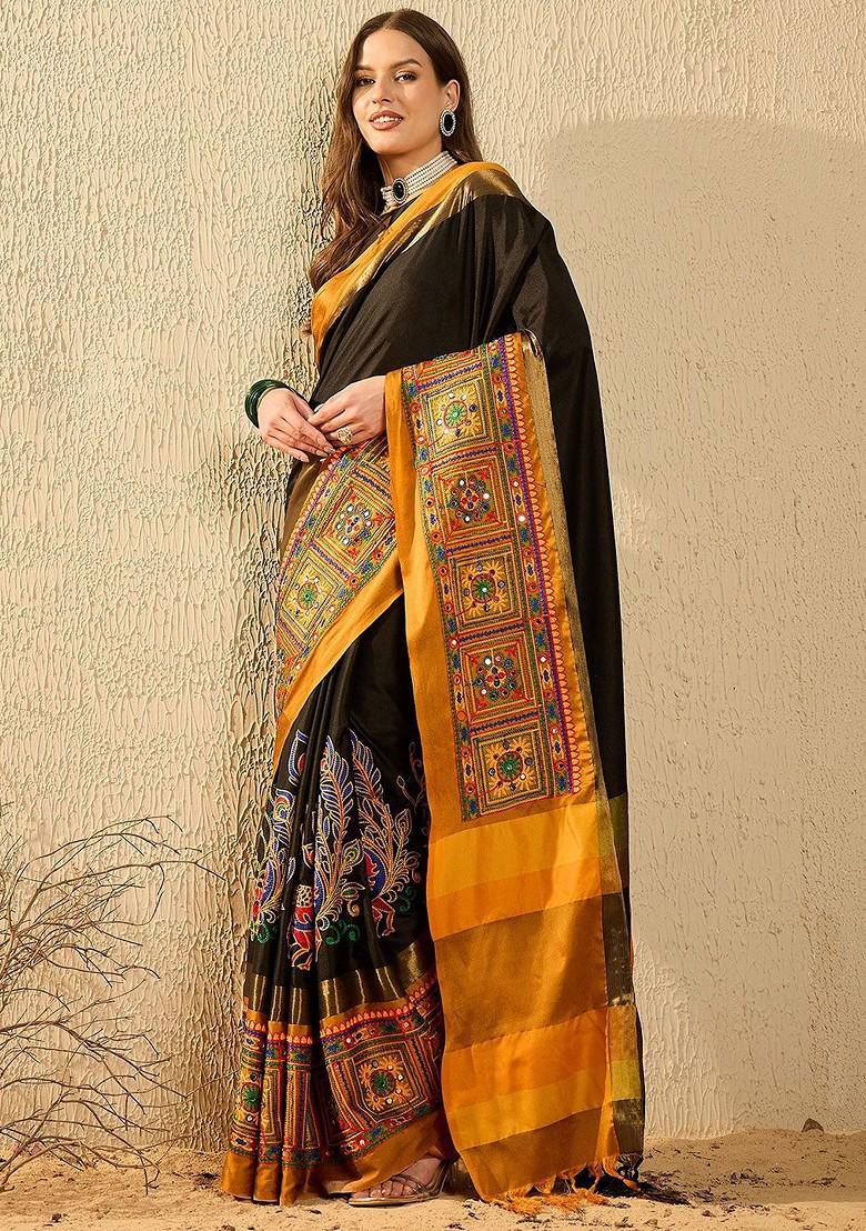 Black Embroidered Poly Blend Saree Set